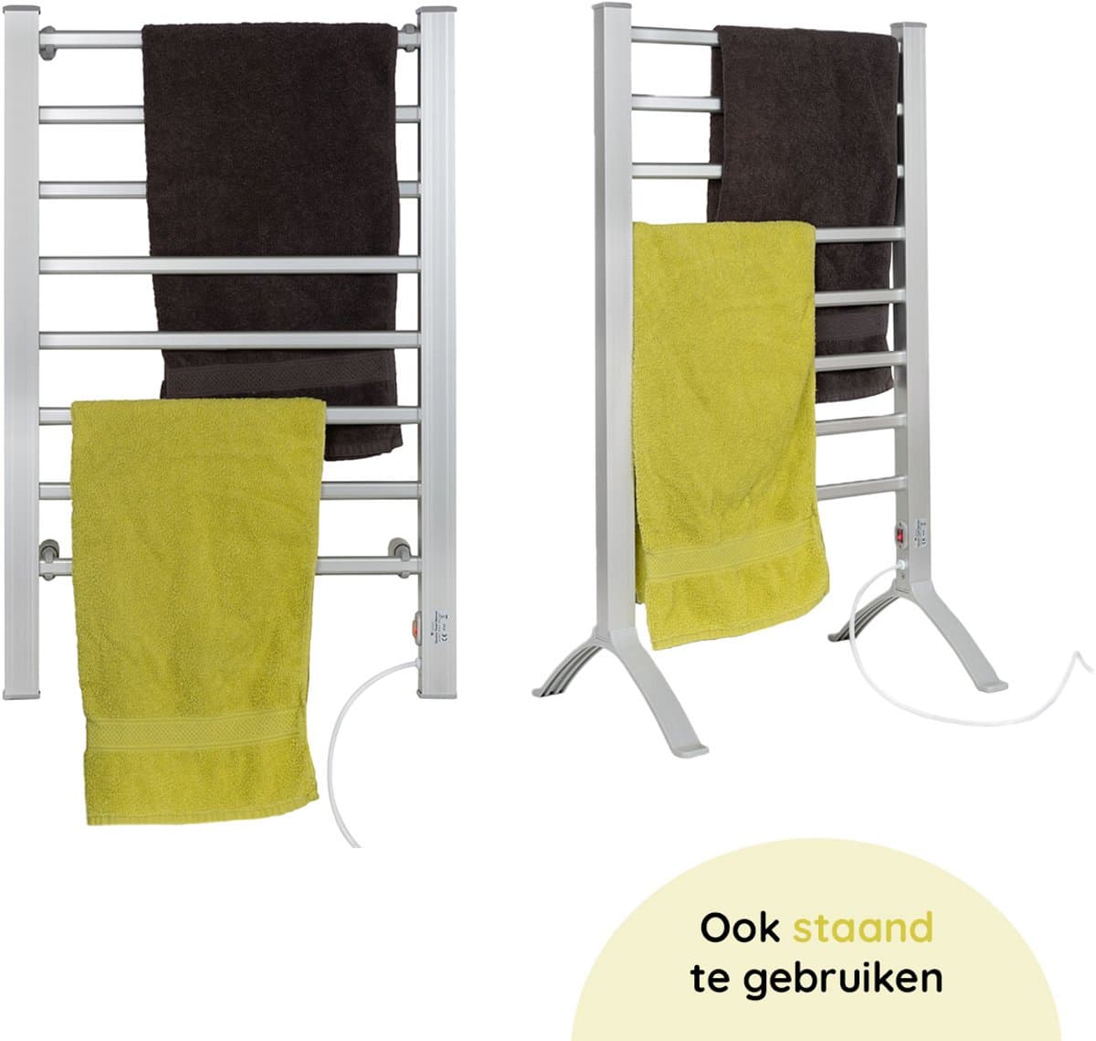 Eleganca Elektrisch Droogrek – B52 x D10 x H80 cm (Hangend) - B52 x D36.5 x H90 cm (Staand) – Verwarmd Droogrek voor snel Drogen van Handdoeken – Elektrisch - 220-240V - 150W - IPX4 - Zilver — afbeelding 1