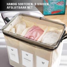Wasmand op Wielen 145L – Wassorteerder 3 Vakken – Inklapbare Wasmand met Handvatten, Trekstang en Nederlandse Labels – Beige Wasmand voor Badkamer, Slaapkamer en Wasruimte - 145L — thumbnail 2