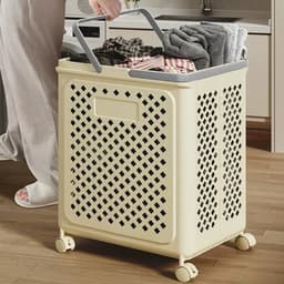 Wasmand - Wasmand opvouwbaar - 28x36x49 cm - 50 L - Met wielen - Met handgrepen - Ademend - Beige — thumbnail 4