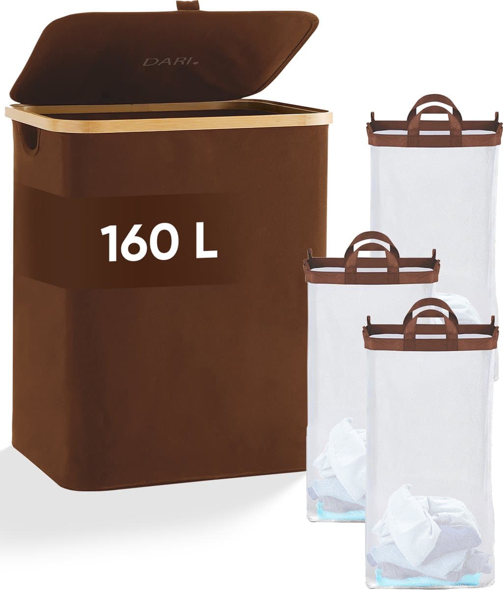 DARI. - Wasmand 3 vakken - Wassorteerder - 160L - met 3 uitneembare zakken - wasmand - bruin - knopen — afbeelding 1