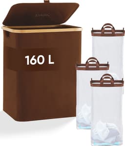 DARI. - Wasmand 3 vakken - Wassorteerder - 160L - met 3 uitneembare zakken - wasmand - bruin - knopen — thumbnail 1