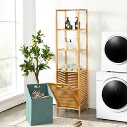 COSTWAY 2 in 1 Badkamerplank & wasmand, hoge kast voor badkamer van bamboe met 3 planken, waskast met uitneembare waszak & handvat, badkamerkast voor badkamer slaapkamer wasruimte, natuur — thumbnail 5