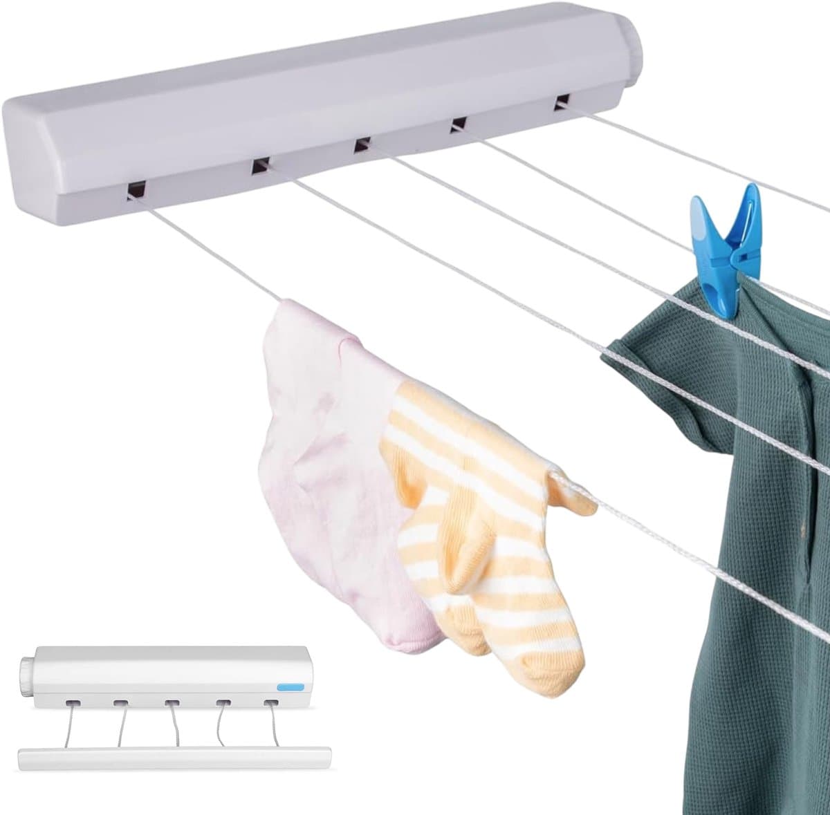Waslijn uittrekbaar buiten en binnen - 5 lijnen - 4m draad - Droogrek Hangend - Wasrek Hangend - Geschikt voor kamperen, camper, camping - Uittrekbare - Rol drooglijn - Rekken - Luft — afbeelding 1