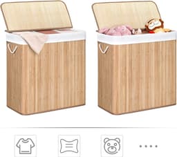 Hoppa! Wasmand, 150L, wasbox met deksel, wassorteermachine, van bamboe, met handvatten, 3 compartimenten, opvouwbaar, katoen, waszak machinewasbaar, wasruimte, Natuurlijk — thumbnail 3