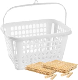 Wasknijpers verzamel mandje met haak en 120x stuks houten knijpers 7 cm — thumbnail 1