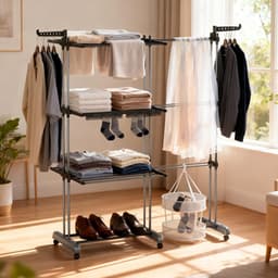 Soontrans Metalen Wasrek Met Wielen – Inklapbaar & Uitschuifbaar, 3 Verdiepingen Droogtoren 66x50x170cm, Multifunctioneel Voor Binnen/Buiten/Balkon, Stevig en Langleven, Inclusief 2 Sokkenclips en 1 Dubbellaagse Droogmand (Grijs) — thumbnail 1