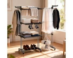 Soontrans Metalen Wasrek Met Wielen – Inklapbaar & Uitschuifbaar, 3 Verdiepingen Droogtoren 66x50x170cm, Multifunctioneel Voor Binnen/Buiten/Balkon, Stevig en Langleven, Inclusief 2 Sokkenclips en 1 Dubbellaagse Droogmand (Grijs) — afbeelding 1