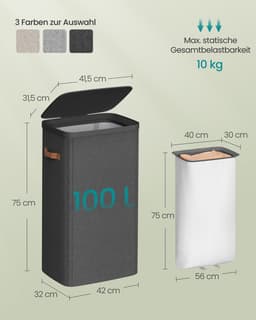 Wasmand, 100 L Wasmand, Eenvoudige montage, met deksel en handgrepen, Verwijderbare waszak, 42 x 32 x 75 cm, Inktzwart — thumbnail 4