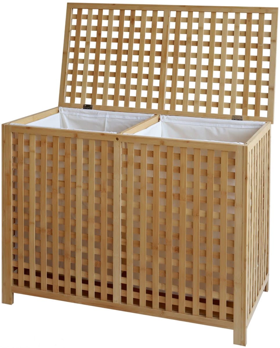 CLP Wasmand met deksel - 2 Vakken Dorothea - rechthoek - Wasbox - waszakken wasbaar uitneembaar - Bamboe Frame - voor Badkamer - natura — afbeelding 1