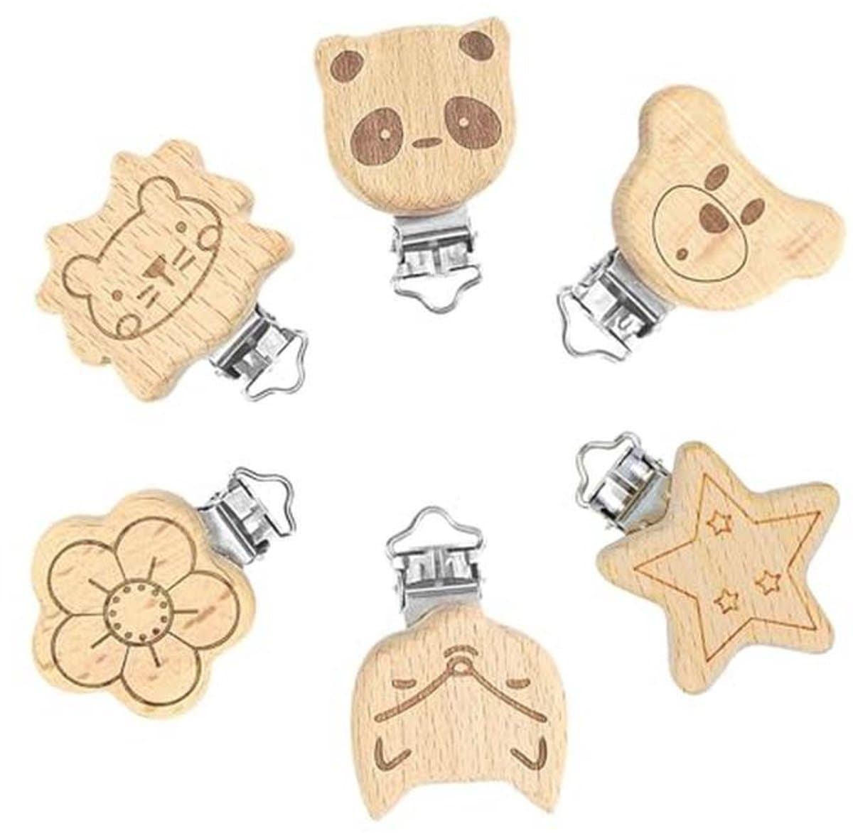 Fopspeenclip, 6 stuks, houten dieren, clips, accessoires, fopspeenclip, hout, speen clip voor baby en kinderen, babyfopspeen clips — afbeelding 1