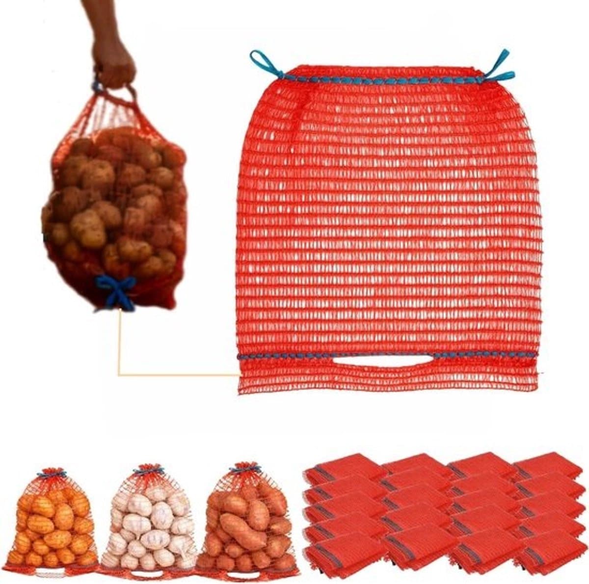 Raschelzakken Aardappelen - Netzakken Groenten - Opslag Fruit - Met Trekkoord - 30x50 cm - Rood — afbeelding 1