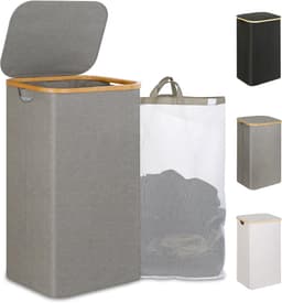 IEGrow Wasmand voor wasgoed, 110 liter, XL, met deksel en handvat, hoge wasmand met binnenzak, voor vuile kleding, speelgoed handdoeken (grijs) — thumbnail 1