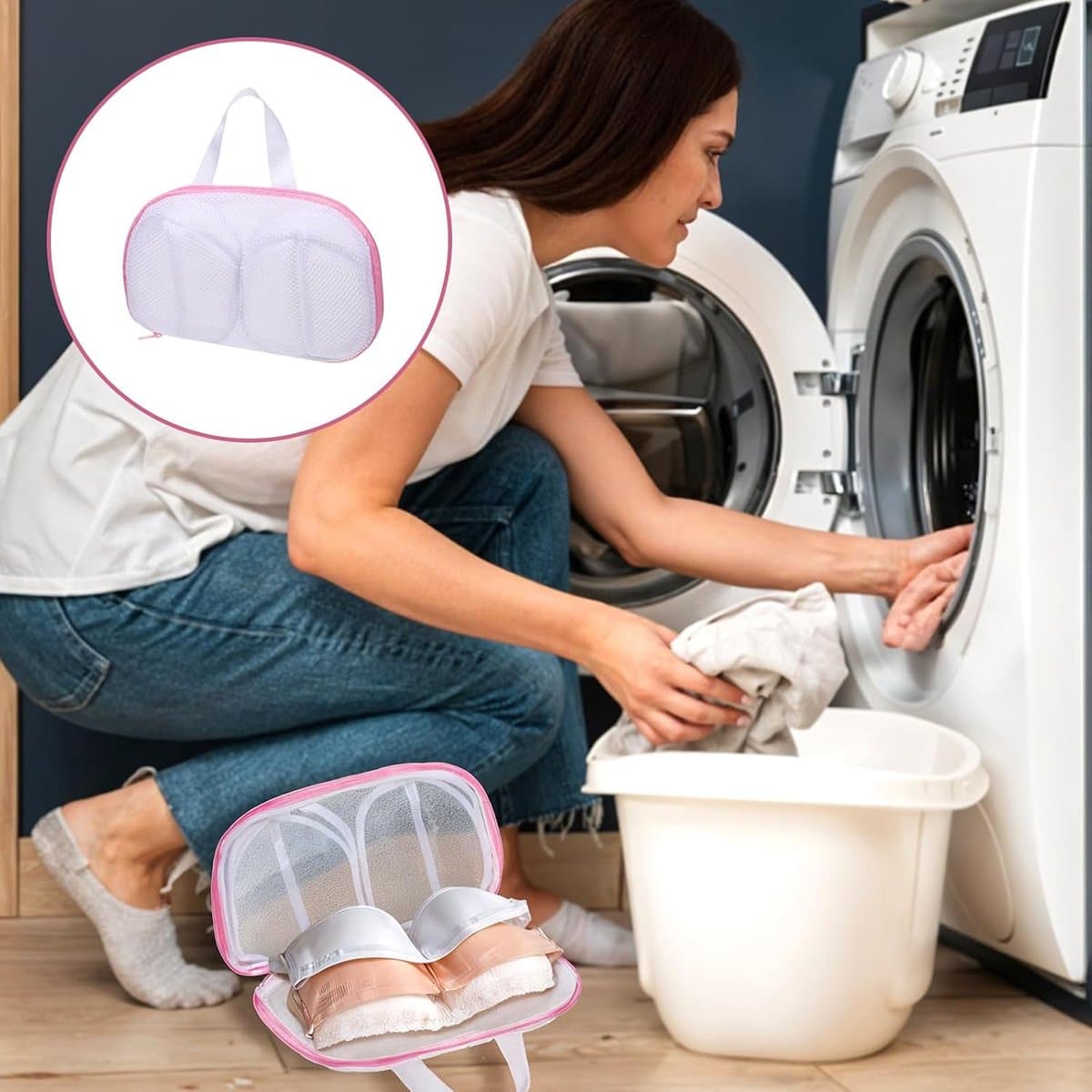 BH Wäschenetz Set - 3D Cup Bescherming Waszakje - 2 Stuks - Verborgen Rits Delicaat Ondergoed - Voor Wasmachine en Reizen - Wit met Roze Rand — afbeelding 1
