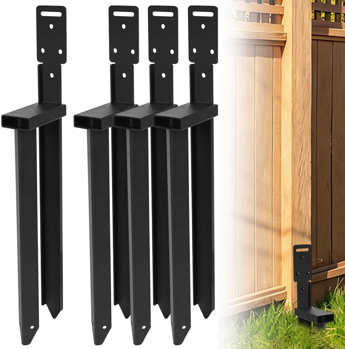 Grondankers reparatieset voor hekpalen - Eendelige ankerpalen met L-beugels (4 stuks, zwart) — afbeelding 1