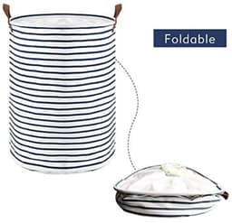 Opvouwbare wasmand met deksel - blauwe strepen - groot formaat, met leren handvat — thumbnail 2