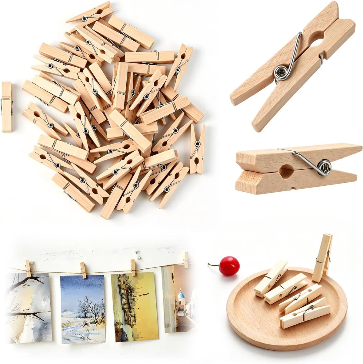 Wasknijpers van hout, kleine knijpers voor foto's, touwen, creatieve hobby's en kantoor, natuurlijk, 3,5 x 0,7 cm — afbeelding 1