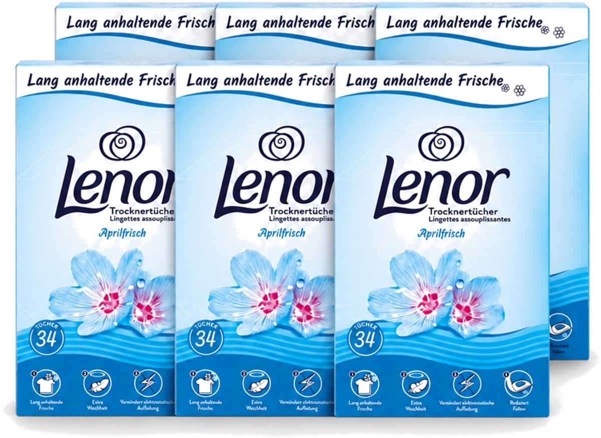 6 x Lenor - Droogtrommeldoekjes - Aprilfris - Textielverfrisser - 34 Doekjes - Voordeelverpakking - 6 stuks — afbeelding 1