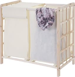 Wasbak MCW-B60, Wasbox wasmand, massief hout 2 vakken 60x60x33cm 68l ~ lichtbruin, deksel crème — thumbnail 5