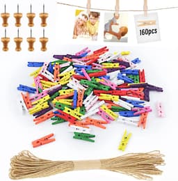 Allecto plus - Mini-houten knijpers (168 stuks) voor bruiloft en fotowand met jute koord - DIY display feest (Kleur) — thumbnail 1