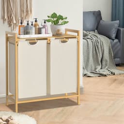 NAIZY Wasmand 2 compartimenten 36L wasbak wassorteerder met bamboe bovenplank en handgrepen wasbox waszak gemaakt van Oxford stof voor wasruimte badkamer, beige — thumbnail 4