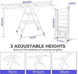 Opvouwbaar droogrek 3-laags 64 inch - Apart droogrek op hoogte verstelbare vleugels - Wit — thumbnail 3