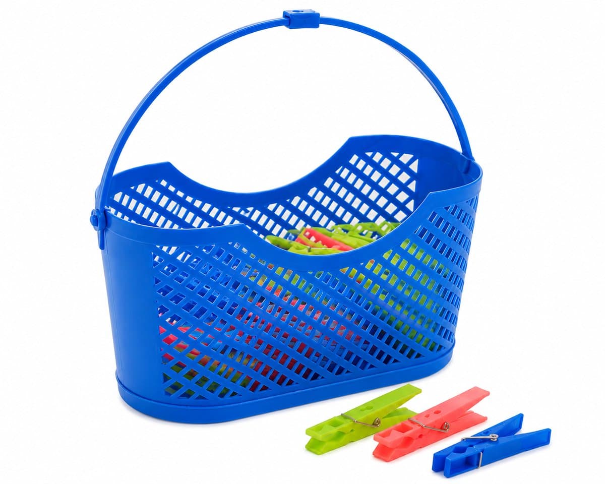 Wasknijpermandje met 24 Wasknijpers – Kunststof Wasknijpermand – Ophangbaar – 24 x 10,5 x 12 cm – Blauw — afbeelding 1