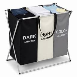 Cheqo® Wasmand met 3 Vakken - Wassorteerder - Opvouwbaar - Sorteren voor Badkamer - Was Organizer - Wasgoed - Donker Licht Kleur - Aluminium Frame - Laundry Basket - Waszak - Inklapbaar - Wasbox - Stevig voor Slaapkamer en Wasruimte — thumbnail 1