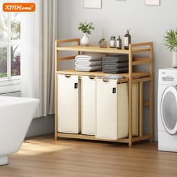Wasmand met 3 vakken - Sorteren Kleding - Huishoudelijk Organiseren - Dubbele etage ontwerp - 148 Liter - Beige — thumbnail 2