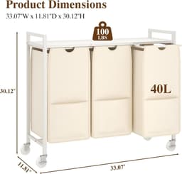Wasmand met 3 uittrekbare oxfordzakken, legplank, metalen frame en wieltjes, wit 84x30x76,5cm, verrijdbaar voor badkamer en slaapkamer — thumbnail 2