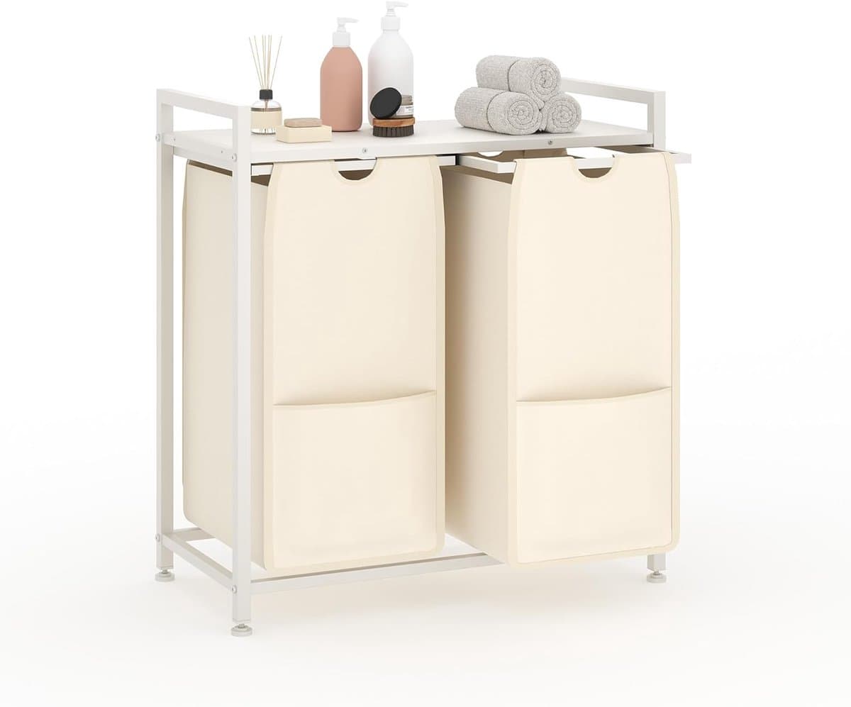 Wasmand 2 vakken, 97L wassorteerder, verrijdbare waswagen – voor wasruimte, slaapkamer, badkamer – wit — afbeelding 1