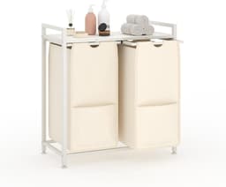 Wasmand 2 vakken, 97L wassorteerder, verrijdbare waswagen – voor wasruimte, slaapkamer, badkamer – wit — thumbnail 1