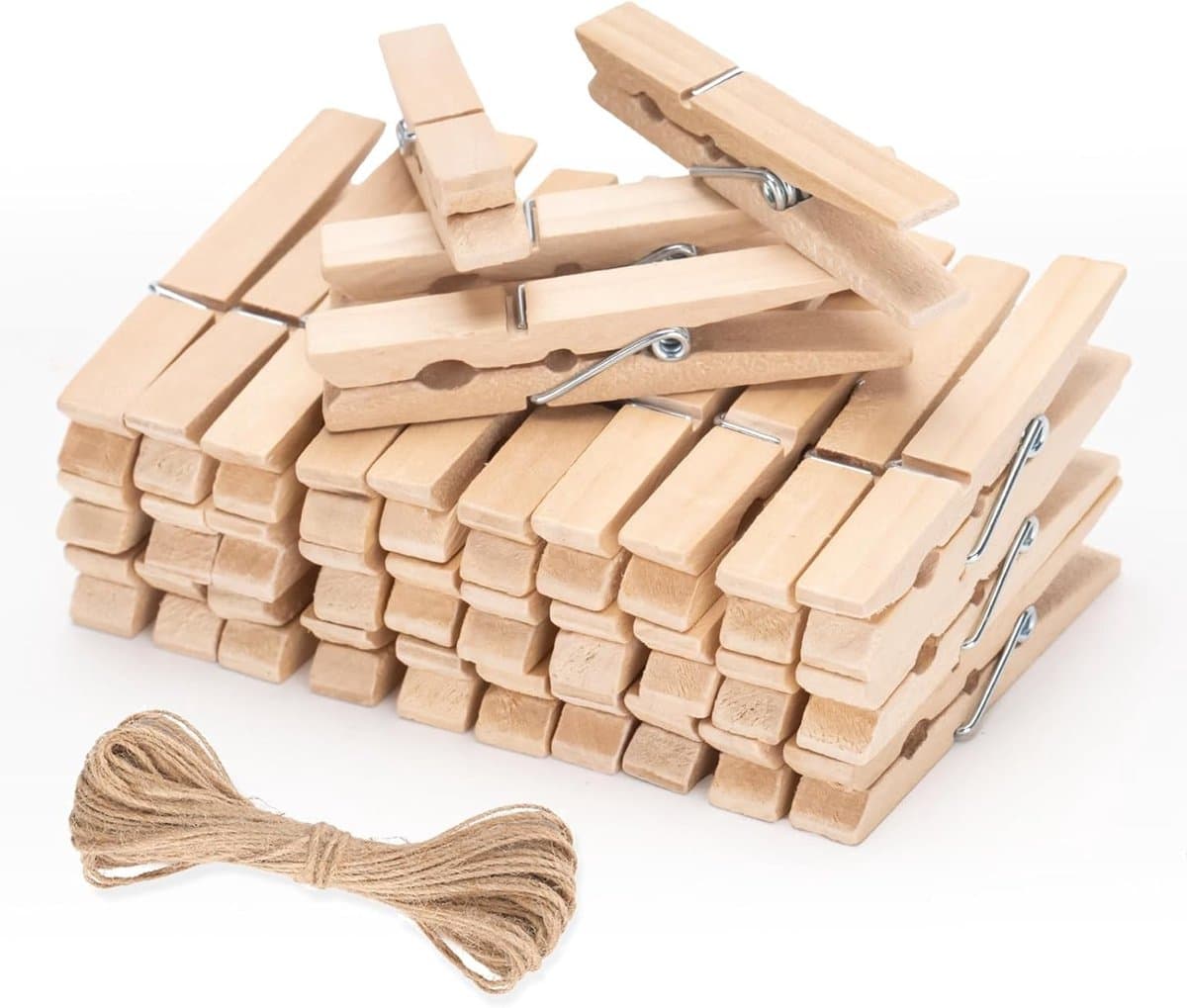 Houten wasknijpers 7cm Vintage: Grote klemmen voor foto's ophangen, 50 stuks met jute koord voor knutselen, bruiloftsdecoratie en doe-het-zelfprojecten — afbeelding 1