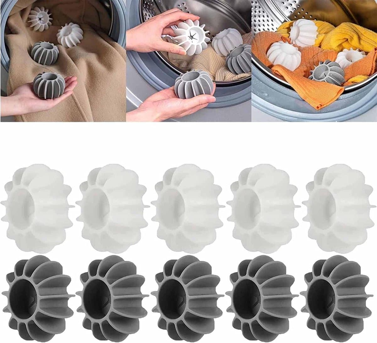 Wasmachine Ballen - Droger Ballen - Kleding Wassen - Anti-klit Ontwerp - 10 Stuks - Grijs en Wit — afbeelding 1
