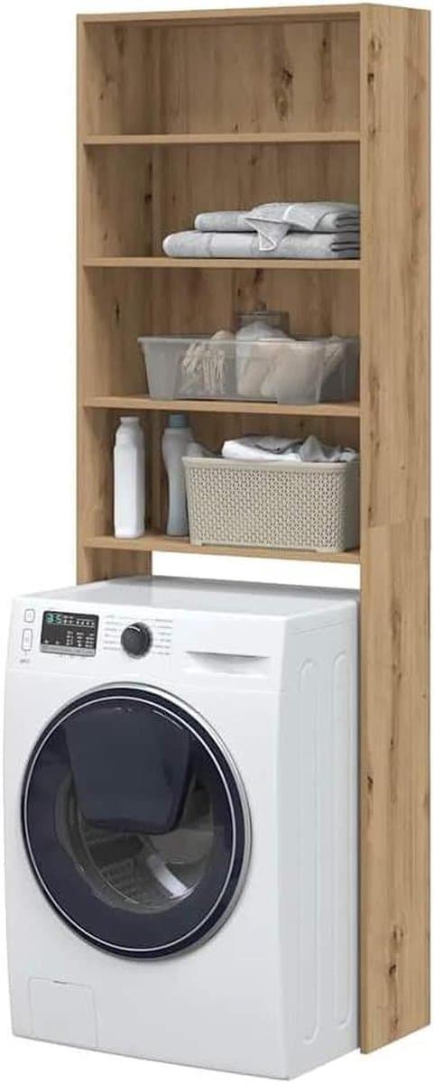 Wasmachinekast - Opbergkast - Badkamer Organiseren - Ruimtebesparend Design - 64 x 24 x 190 cm - Eikenhout — afbeelding 1