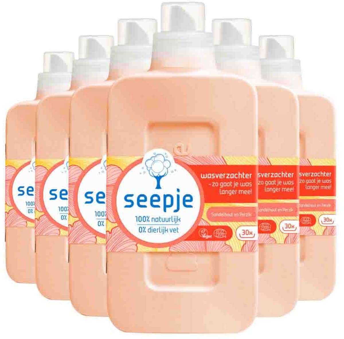 Seepje Wasverzachter Sandelhout en Perzik 30 Wasbeurten - 6 x 750 ml - Voordeelverpakking — afbeelding 1