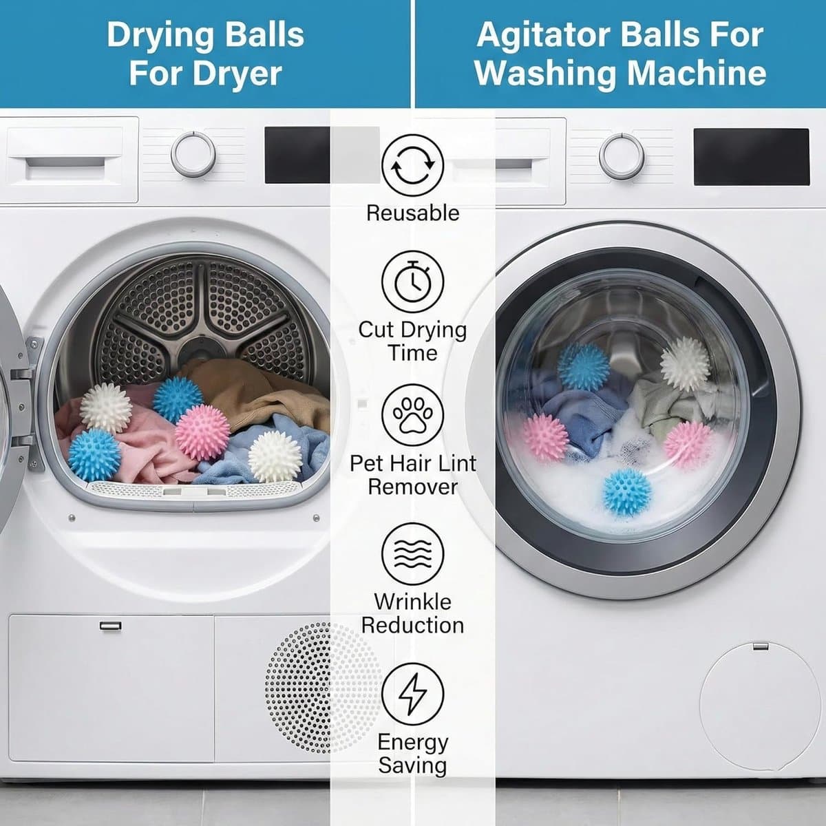 Wasdroger Balls Herbruikbare Anti Static 6 Pack, Mini Spiky Washer Agitator voor Huisdieren Haarverwijdering, Wasmachine Balls om Rimpels te verminderen, Droogtijd voor Fluffing Down Jacket, Beddengoed (Assorteerde Kleuren) — afbeelding 1