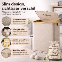 Vellano Wasmand 3 Vakken – Wassorteerder met Deksel – 160L – 3 Uitneembare Waszakken – Bamboe Frame – Incl. Drogerballen & Jasmijn Geurverfrisser — thumbnail 2