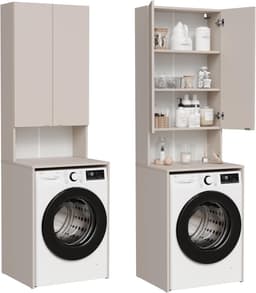 Wasmachinekast - Badkamerkast Hoge Kast - Opbergen Wasmiddelen - Vochtbestendig Krasvast - 210 x 65 cm - Beige — thumbnail 1