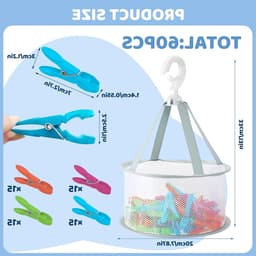 Kleurige en Winddichte Kledingknijpers met Opbergmand, 60 Stuks, Perfect voor Kleding en Sokken, Inclusief Clips en Net — thumbnail 5