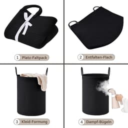 Wasmand, opbergmand, gevlochten mand, 72 l, grote ronde wasverzamelaar met katoenen handvat voor kinderkamer, mand voor dekens en speelgoed voor woonkamer of wasruimte, zwart — thumbnail 3