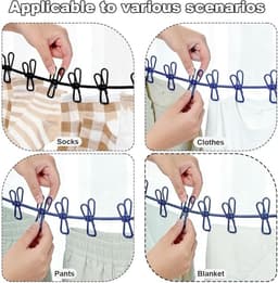 2 Stuks Elastische Waslijn, Reiswaslijn, Draagbare Waslijn, met 12 Metalen Knijpers Elk, voor Kledinghaken Kamperen Binnen en Buiten (Zwart, Donkerblauw) — thumbnail 2