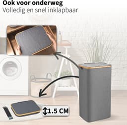 Smalle Wasmand - 60L - 2 Stuks - Wasmanden met Deksel en Waszak - Mand Vuile Was - Opbergmand - Mand - Grijs — thumbnail 4