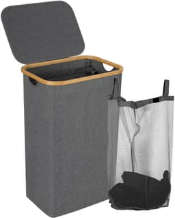 Slanke wasmand met deksel, 100 l, uitneembare voering van gaas, Oxford-stof, opvouwbaar, 44 x 33 x 69 cm, zwart — thumbnail 1