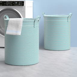 Wasmand Opbergmand Opvouwbaar - Set van 2 - XXL Formaat - Stoffen Wasmand - Voor Wasgoed Speelgoed en Kleding - Groen Gestreept — thumbnail 2