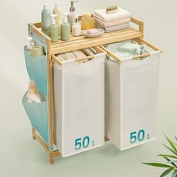 Dubbele compartiment wasmand Grote capaciteit 2x50L Voor gesorteerd opbergen Met plank, zijvak en afneembare waszak Stevig bamboe frame Voor thuis, slaapkamer en woonkamer 63x33x78cm naturel+wit — thumbnail 5