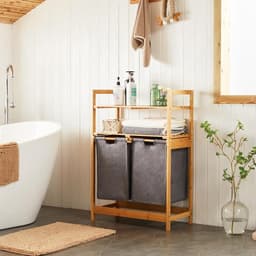 Bamboe Wasmand met Uittrekbare Zakken en Planken - Grijs - Voor Slaapkamer, Badkamer en Waskeuken — thumbnail 3