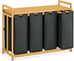 Core® Wassorteerder 4 vakken - Wasmand 4 vakken 200 Liter - Wasmand Met Opbergplank – Grijs - 81cm x 42cm x 80cm — thumbnail 1