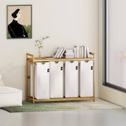 SVN® Wasmand 4 Vakken - Wassorteerder - Wasmand - met Verwijderbare Waszak - Licht Grijs - 107cm x 42cm x 77cm — thumbnail 2