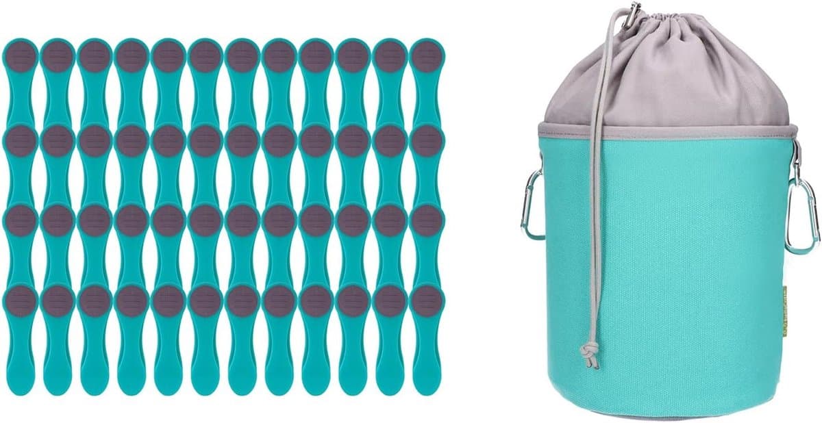 Wasknijpers met zak - Kledingklemmen set - Kleding drogen - Roestvrij staal veren - 48 stuks - Turquoise grijs — afbeelding 1