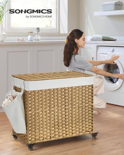 SONGMICS - Wasmand - Wasmand met Deksel - 3 Compartimenten - Met Wielen en Verwijderbare Waszak — thumbnail 3